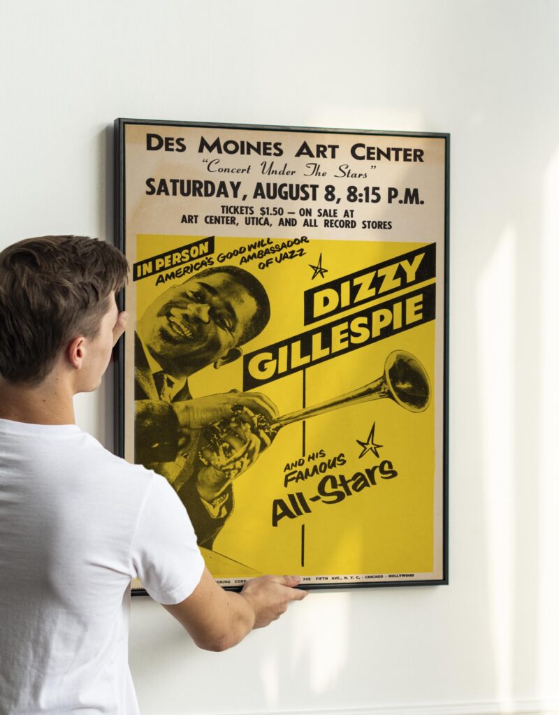 Retro 1960s Jazz Concert Poster – Dizzy Gillespie, Des Moines, Bebop & Big Band Art