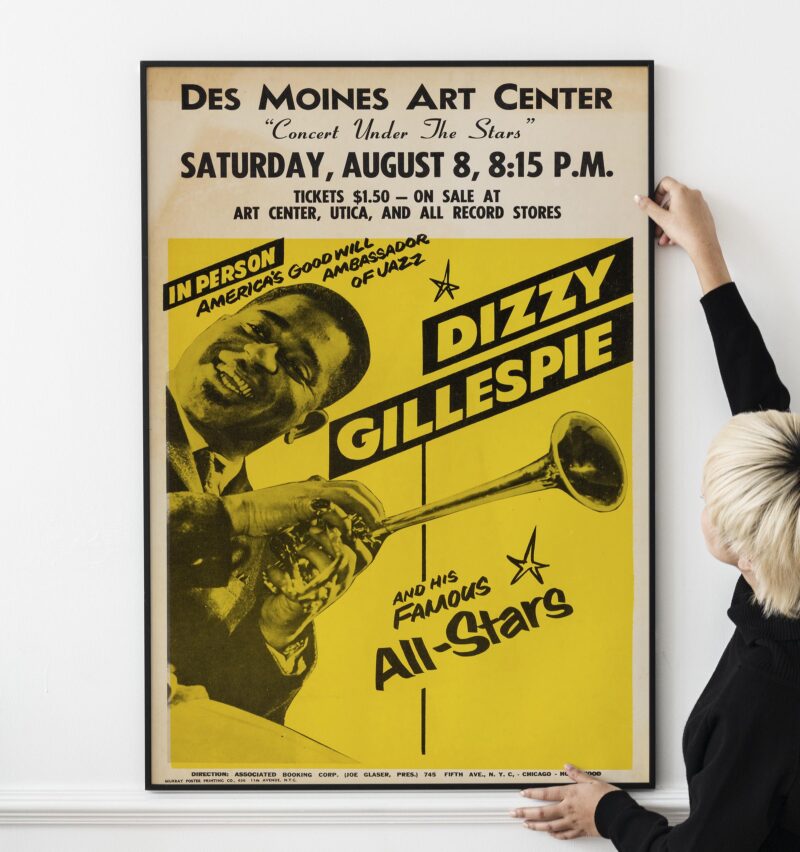 Retro 1960s Jazz Concert Poster – Dizzy Gillespie, Des Moines, Bebop & Big Band Art