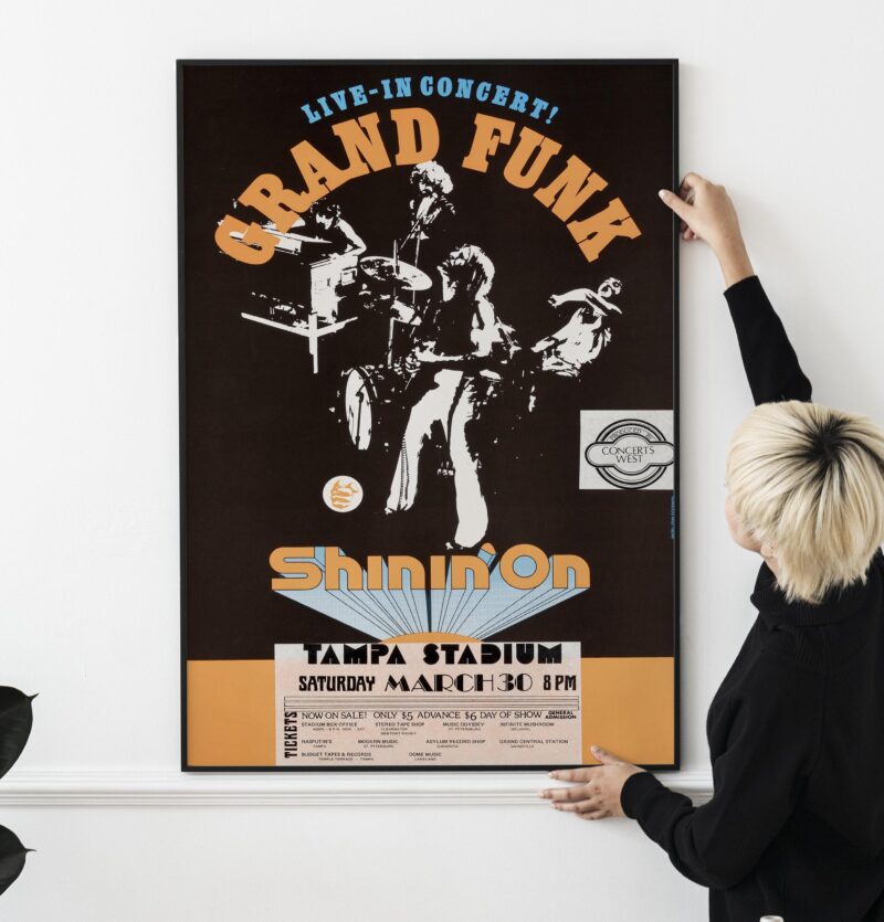 Grand Funk Railroad Shinin’ On Tour 1974 Poster – Vintage Rock Concert Art, Classic Hard Rock Collectible, Tampa, FL Show