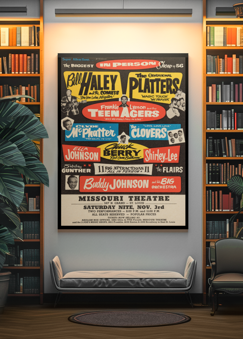 50s Rock n Roll Legends Poster – Chuck Berry & Bill Haley Concert Art