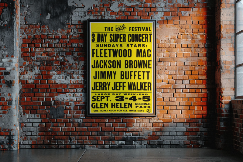 US Festival Concert Poster 1982 with Fleetwood Mac, Jackson Browne, Jimmy Buffet and Jerry Jeff Walker.