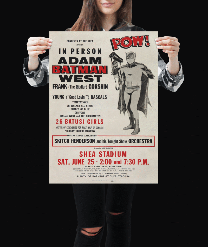 Batman with The Young Rascals & The Temptations 1966 Shea Stadium Vintage Concert Poster