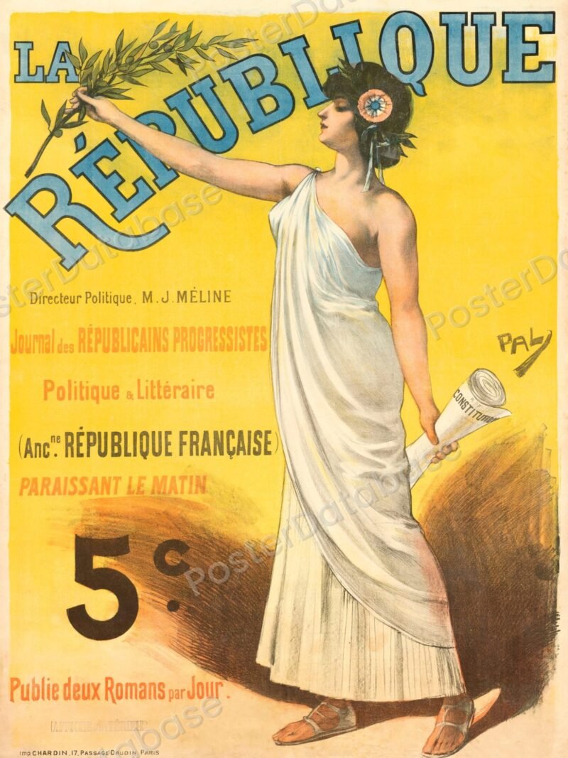 Classical female figure in white holding an olive branch and constitution scroll with large text La République on yellow back