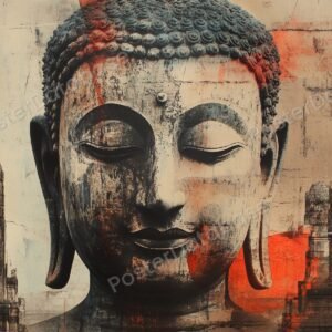 close-up of a Buddha head with closed eyes in grey-blue and beige tones with bright orange highlights