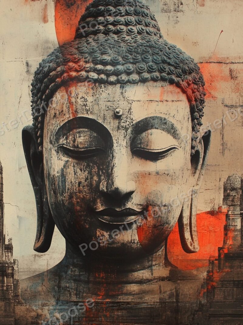 close-up of a Buddha head with closed eyes in grey-blue and beige tones with bright orange highlights