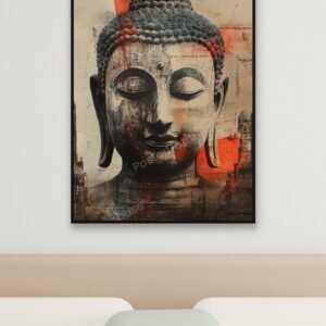 Buddha head digital art print displayed in a thin black frame above a bed with a linen headboard against a pale blue wall