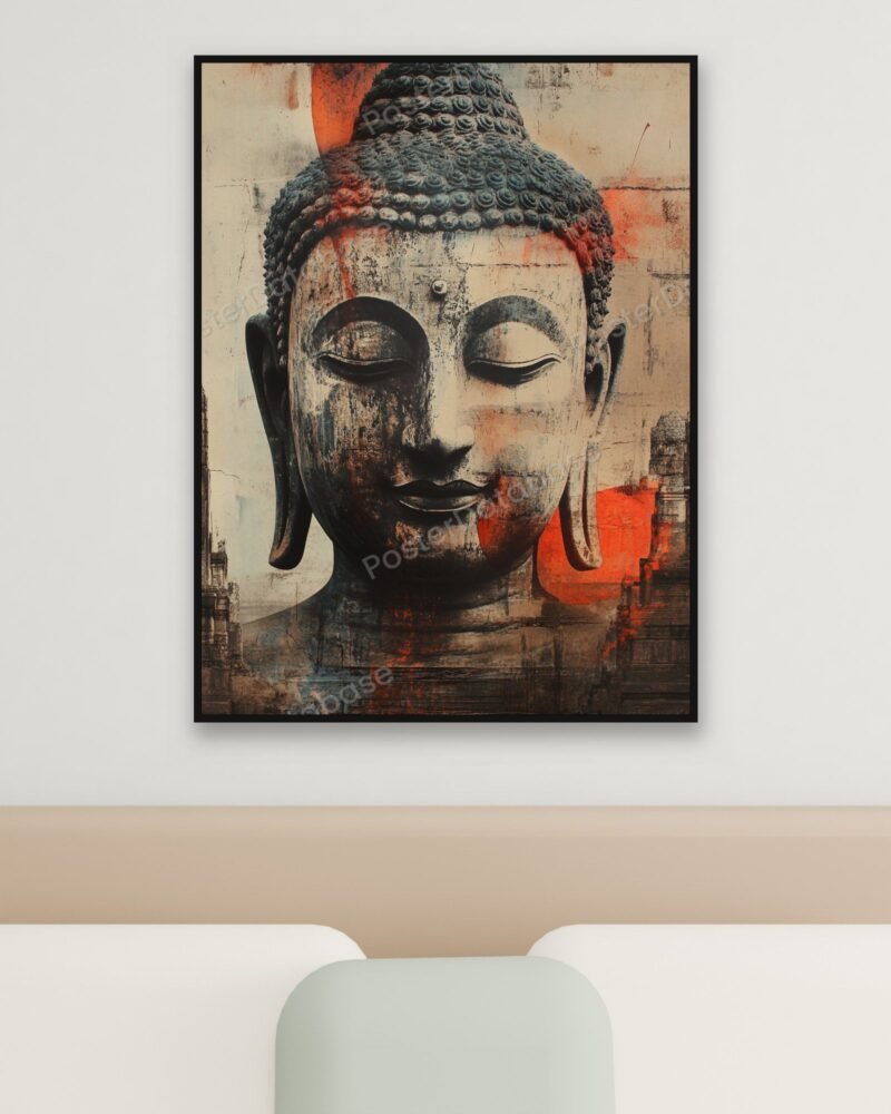 Buddha head digital art print displayed in a thin black frame above a bed with a linen headboard against a pale blue wall