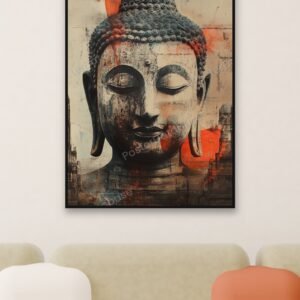 Buddha head digital art print displayed in a thin black frame above an olive green sofa in a bright, modern living room
