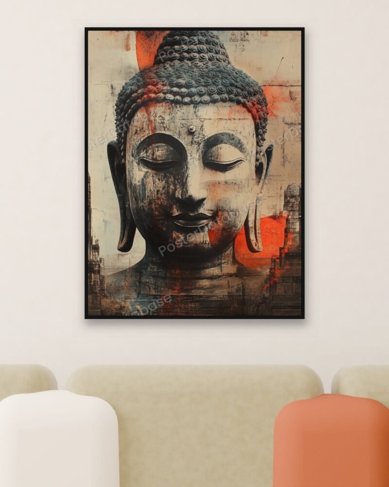 Buddha head digital art print displayed in a thin black frame above an olive green sofa in a bright, modern living room
