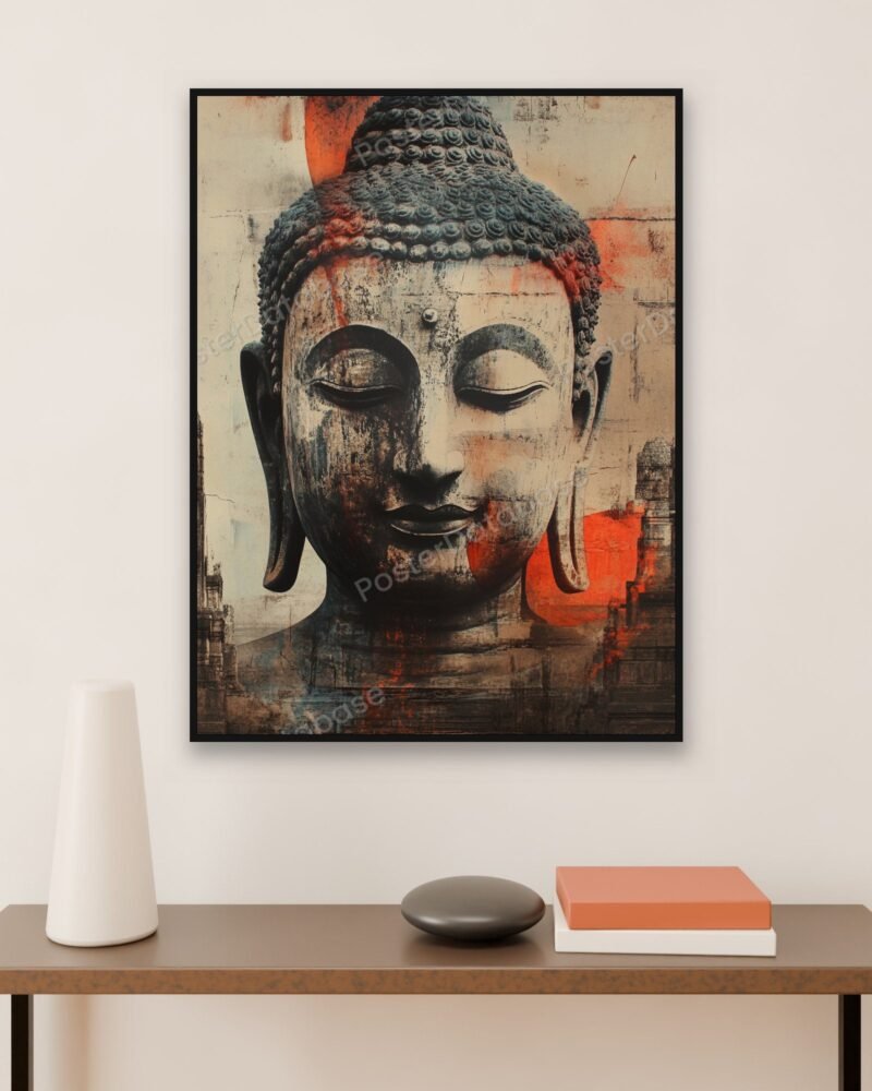 Buddha head digital art print displayed in a thin black frame above a black console table in a bright loft hallway